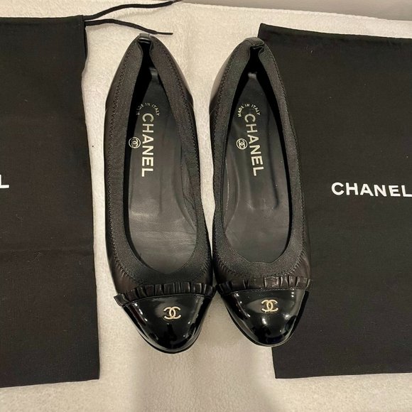 Chanel Ballet Flats - Black, Size 37 Patent Cap Toe - Picture 2 of 6